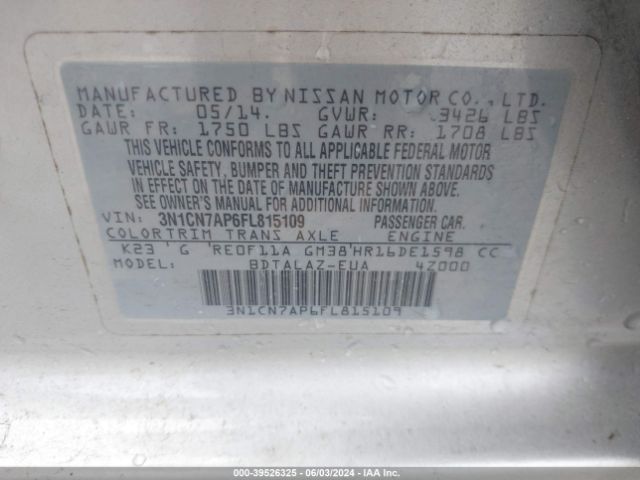 3N1CN7AP6FL815109 Nissan Versa 1.6 S+