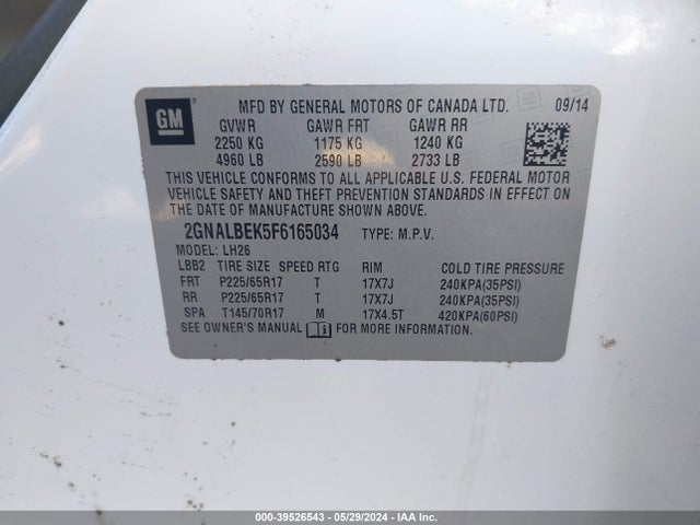 Chevrolet EQUINOX 1LT 2015 2GNALBEK5F6165034 Image 9