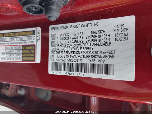 Honda CR-V EX 2019 5J6RW2H51KL009173 Image 9