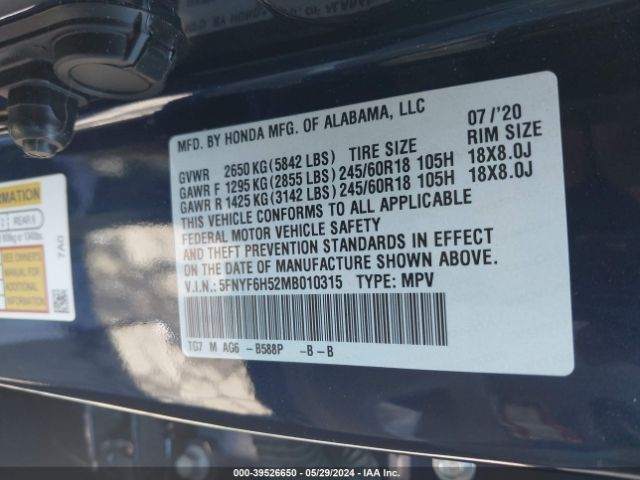 5FNYF6H52MB010315 Honda Pilot Awd Ex-l
