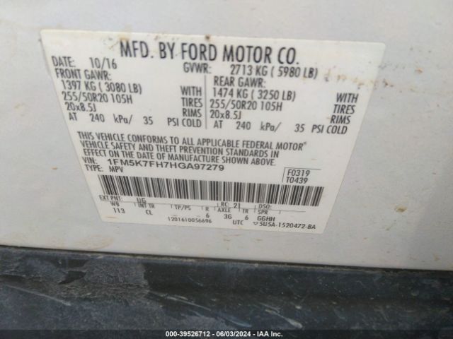 1FM5K7FH7HGA97279 Ford Explorer Limited