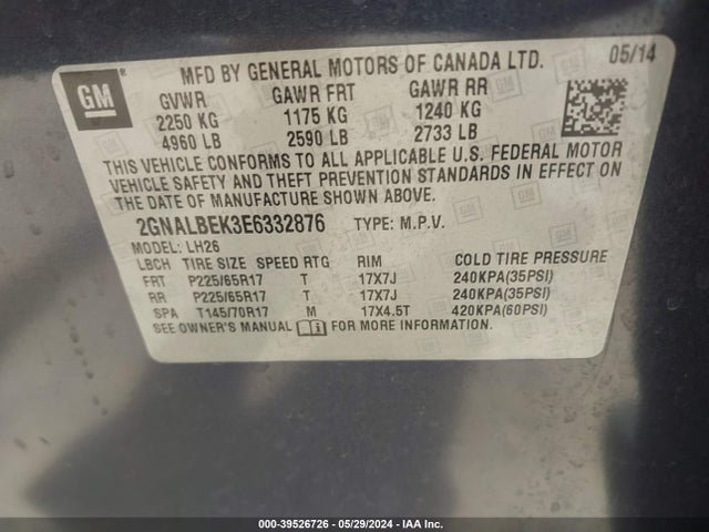 Chevrolet EQUINOX 1LT 2014 2GNALBEK3E6332876 Image 9