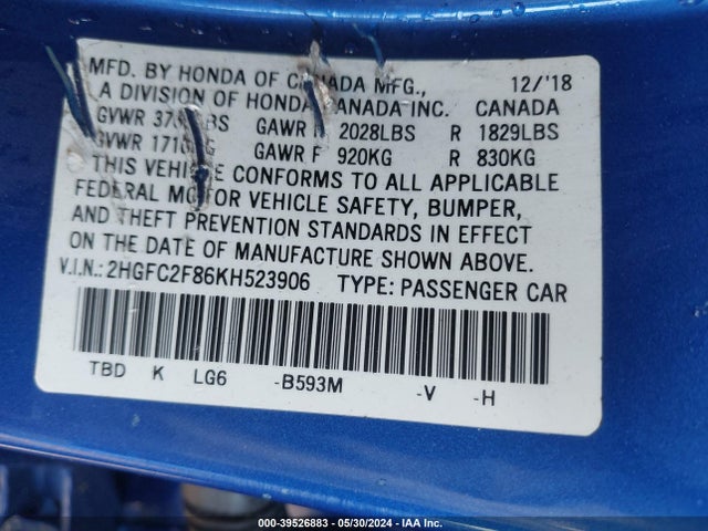 Honda Civic Sport 2019 2HGFC2F86KH523906 Image 9