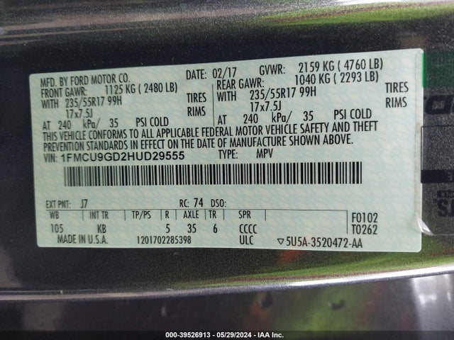Ford ESCAPE SE 2017 1FMCU9GD2HUD29555 Image 9