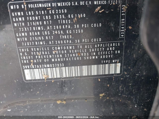 3VV1B7AX2NM037933 Volkswagen Tiguan 2.0t S