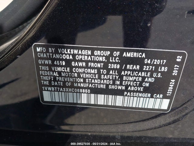 1VWBT7A3XHC068850 Volkswagen Passat 1.8t Se