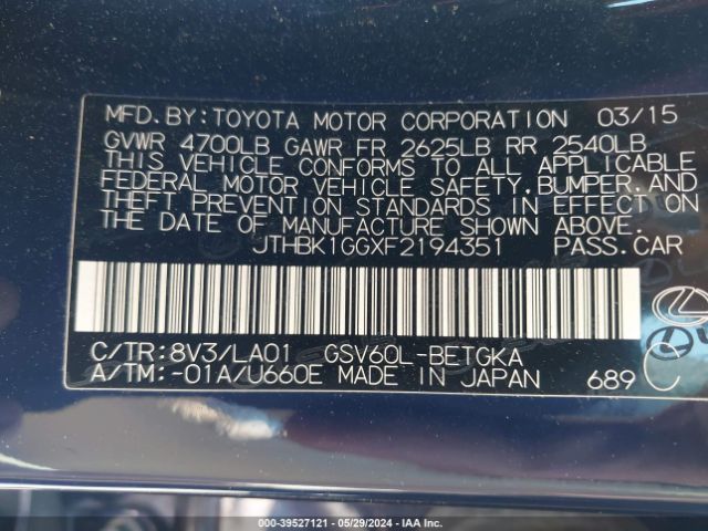 JTHBK1GGXF2194351 Lexus ES 350