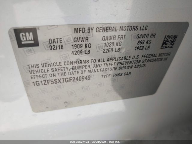 1G1ZF5SX7GF240949 Chevrolet MALIBU 2LT