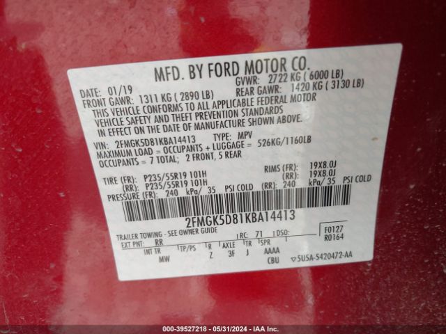 2FMGK5D81KBA14413 Ford Flex Limited