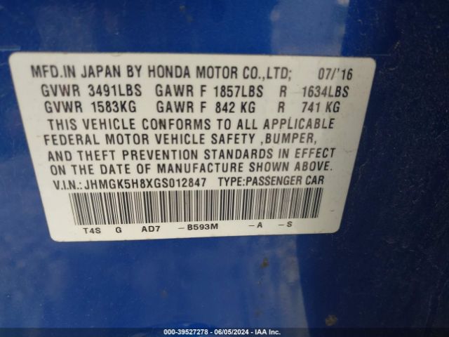 JHMGK5H8XGS012847 Honda Fit Ex-l