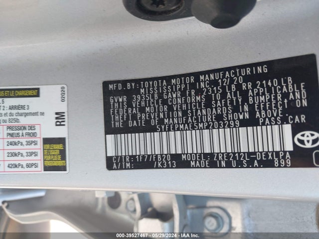 Toyota COROLLA LE 2021 5YFEPMAE5MP203299 Image 9