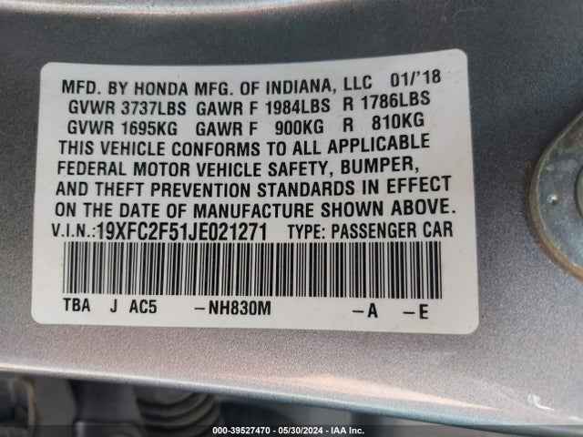 Honda Civic Lx 2018 19XFC2F51JE021271 Image 9