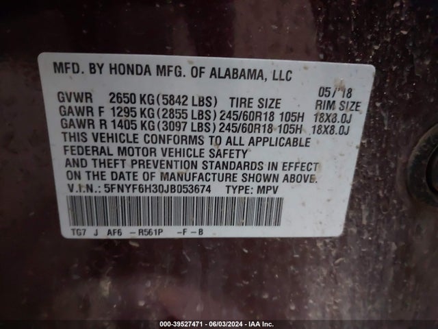 Honda Pilot Ex 2018 5FNYF6H30JB053674 Image 9