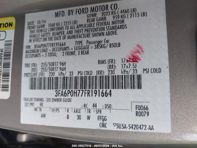 Ford FUSION SE 2015 3FA6P0H77FR191664 Image 9