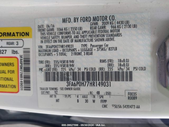3FA6P0H77HR149031 Ford FUSION SE