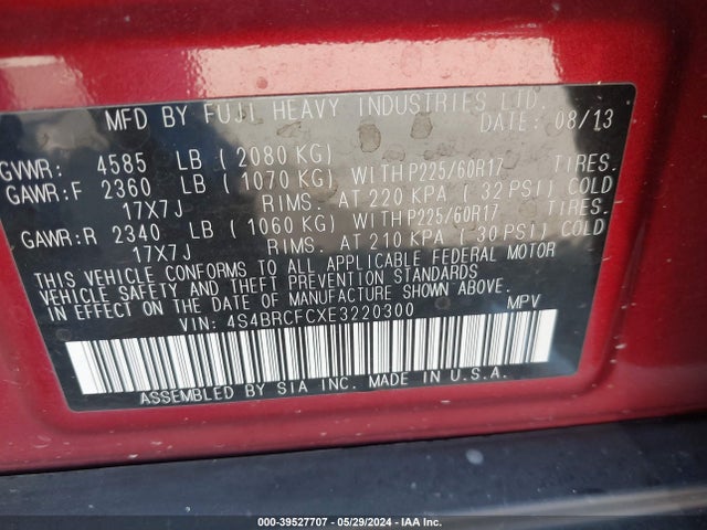Subaru Outback 2.5i Premium 2014 4S4BRCFCXE3220300 Image 9