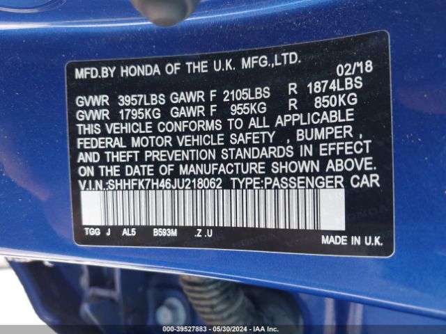 SHHFK7H46JU218062 Honda Civic Sport