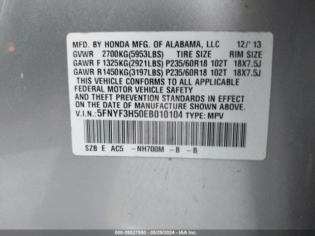 Honda Pilot Ex-l 2014 5FNYF3H50EB010104 Image 9