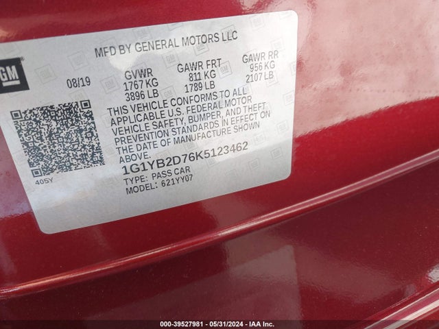 Chevrolet CORVETTE STINGRAY 2019 1G1YB2D76K5123462 Image 9