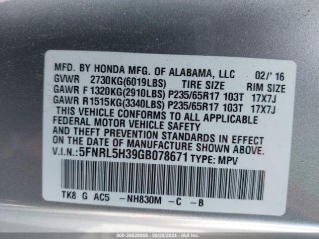 5FNRL5H39GB078671 Honda ODYSSEY SE