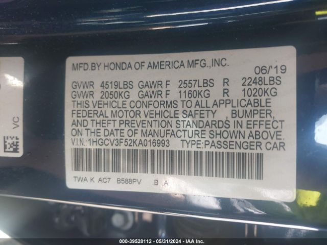 1HGCV3F52KA016993 Honda Accord Hybrid Ex-l