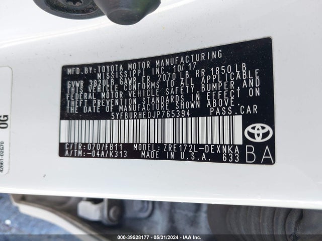 Toyota COROLLA LE 2018 5YFBURHE0JP765394 Image 9