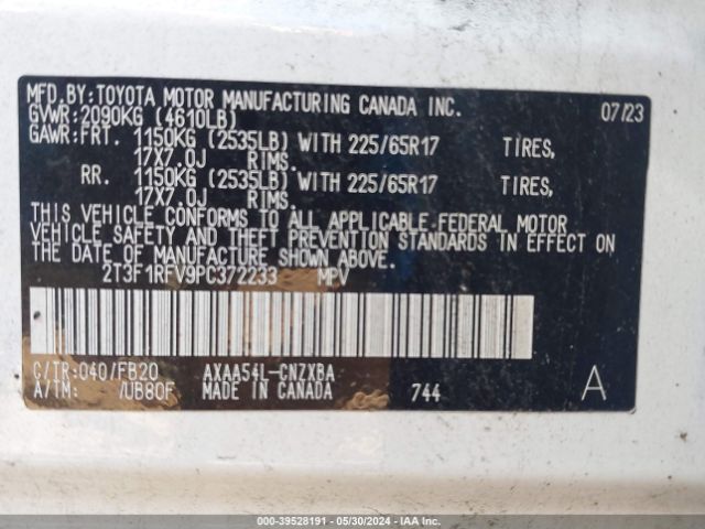 2T3F1RFV9PC372233 Toyota RAV4 LE
