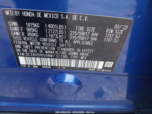 3CZRU5H59NM732196 Honda Hr-v 2wd Ex