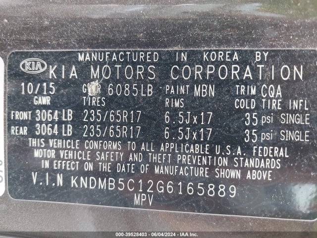 KIA SEDONA LX 2016 KNDMB5C12G6165889 Image 9