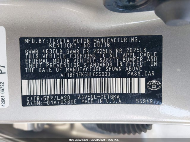 Toyota CAMRY XLE 2017 4T1BF1FK5HU655003 Image 9