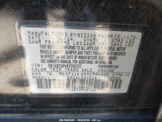 3N1AB7AP4EY260727 Nissan Sentra Fe+ S/fe+ Sv/s/sl/sr/sv