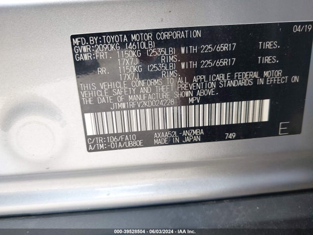 Toyota Rav4 Xle 2019 JTMW1RFV2KD024228 Image 9
