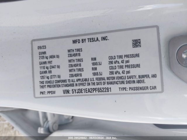 5YJ3E1EA2PF652281 Tesla Model 3 Rear-wheel Drive