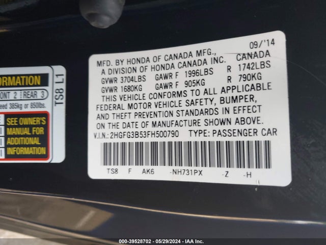 Honda Civic Lx 2015 2HGFG3B53FH500790 Image 9