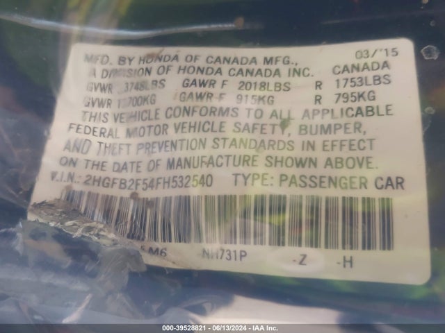 Honda Civic Lx 2015 2HGFB2F54FH532540 Image 9