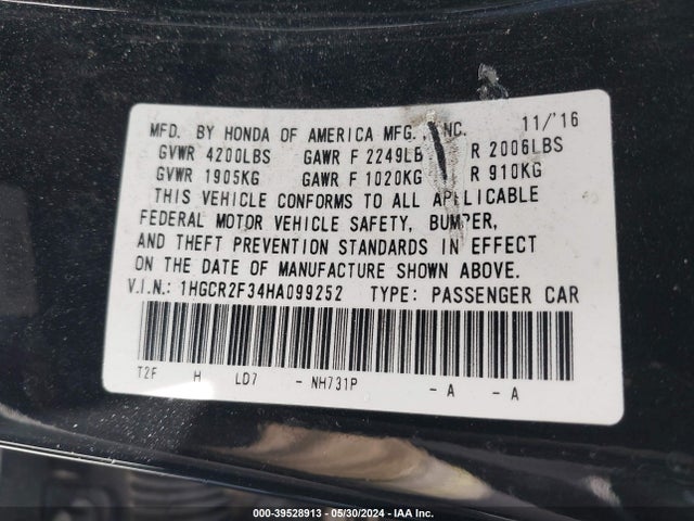 Honda ACCORD LX 2017 1HGCR2F34HA099252 Image 9