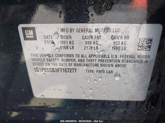 39528918 :رقم المزاد ، 1G1PE5SB3F7167277 vin ، 2015 Chevrolet Cruze 2lt Auto مزاد بيع