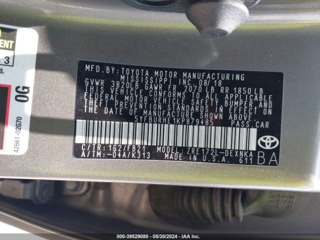 5YFBURHE1KP879485 Toyota COROLLA LE