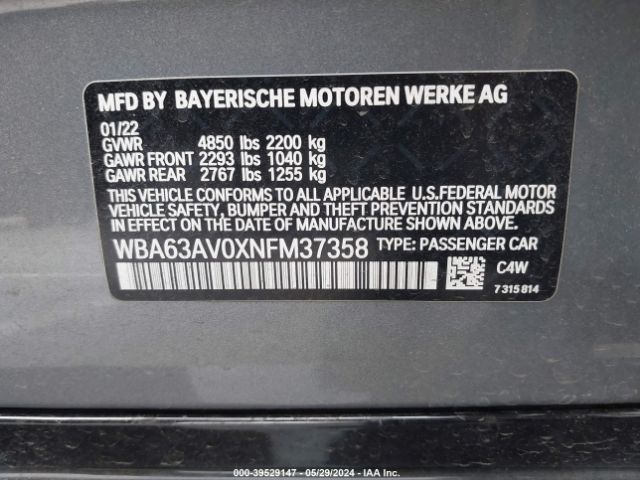 WBA63AV0XNFM37358 BMW 430i Gran Coupe