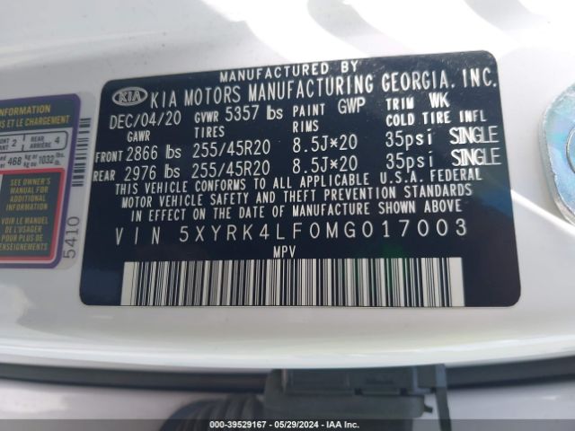 5XYRK4LF0MG017003 KIA SORENTO SX
