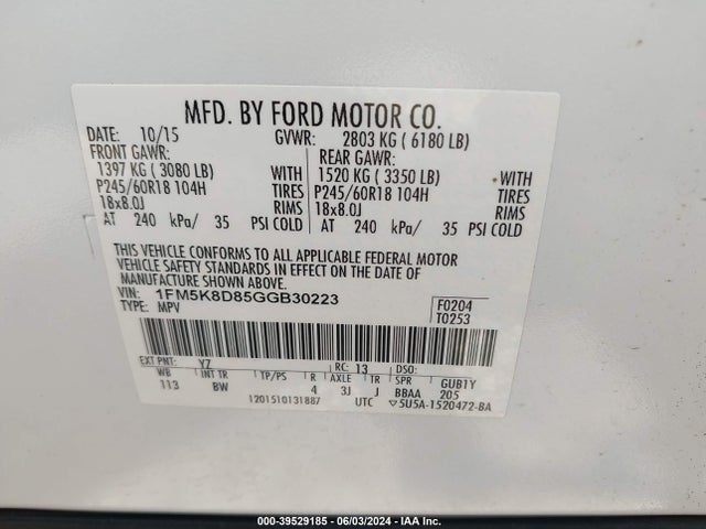 Ford EXPLORER XLT 2016 1FM5K8D85GGB30223 Image 9