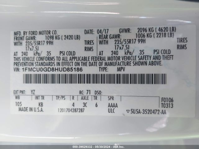 1FMCU0GD8HUD85186 Ford ESCAPE SE