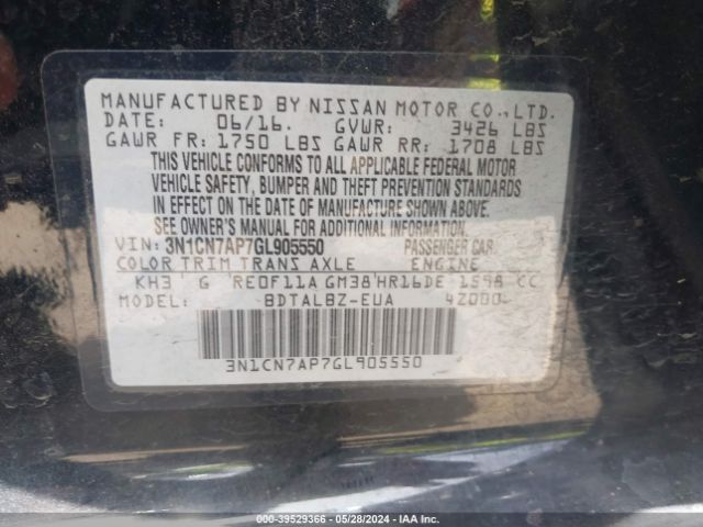 3N1CN7AP7GL905550 Nissan Versa 1.6 S/1.6 S+/1.6 Sl/1.6 Sv