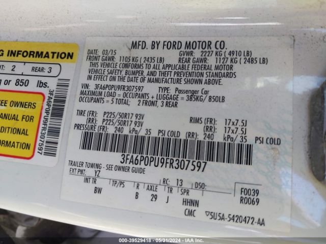3FA6P0PU9FR307597 Ford Fusion Energi Se Luxury