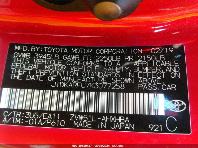 JTDKARFU7K3077258 Toyota Prius Limited
