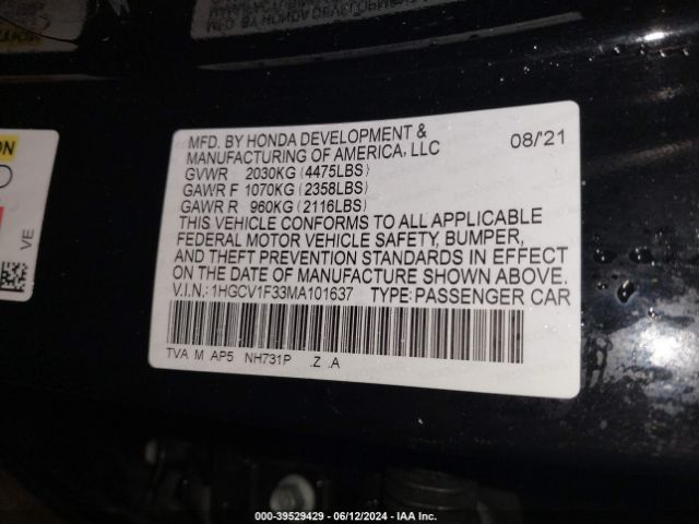 1HGCV1F33MA101637 Honda Accord Sport