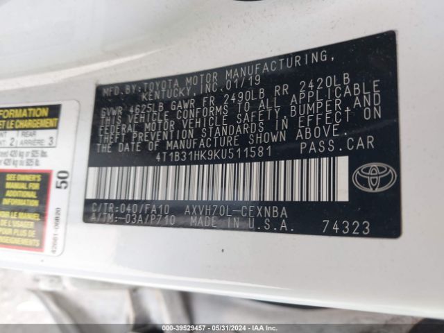 4T1B31HK9KU511581 Toyota Camry Hybrid Le