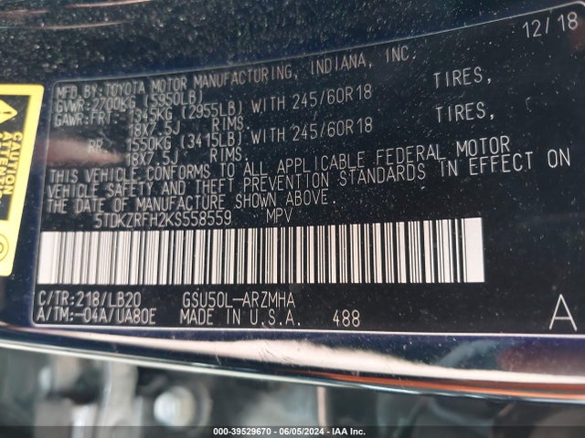 Toyota Highlander Xle 2019 5TDKZRFH2KS558559 Image 9