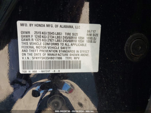 Honda Pilot Ex 2017 5FNYF5H35HB017886 Image 9