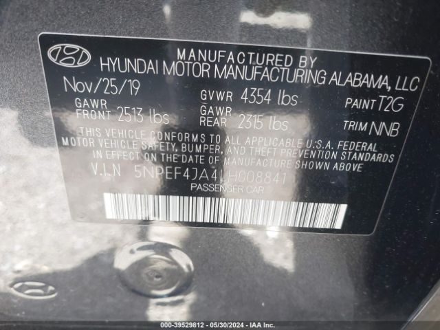 5NPEF4JA4LH008841 Hyundai SONATA SEL